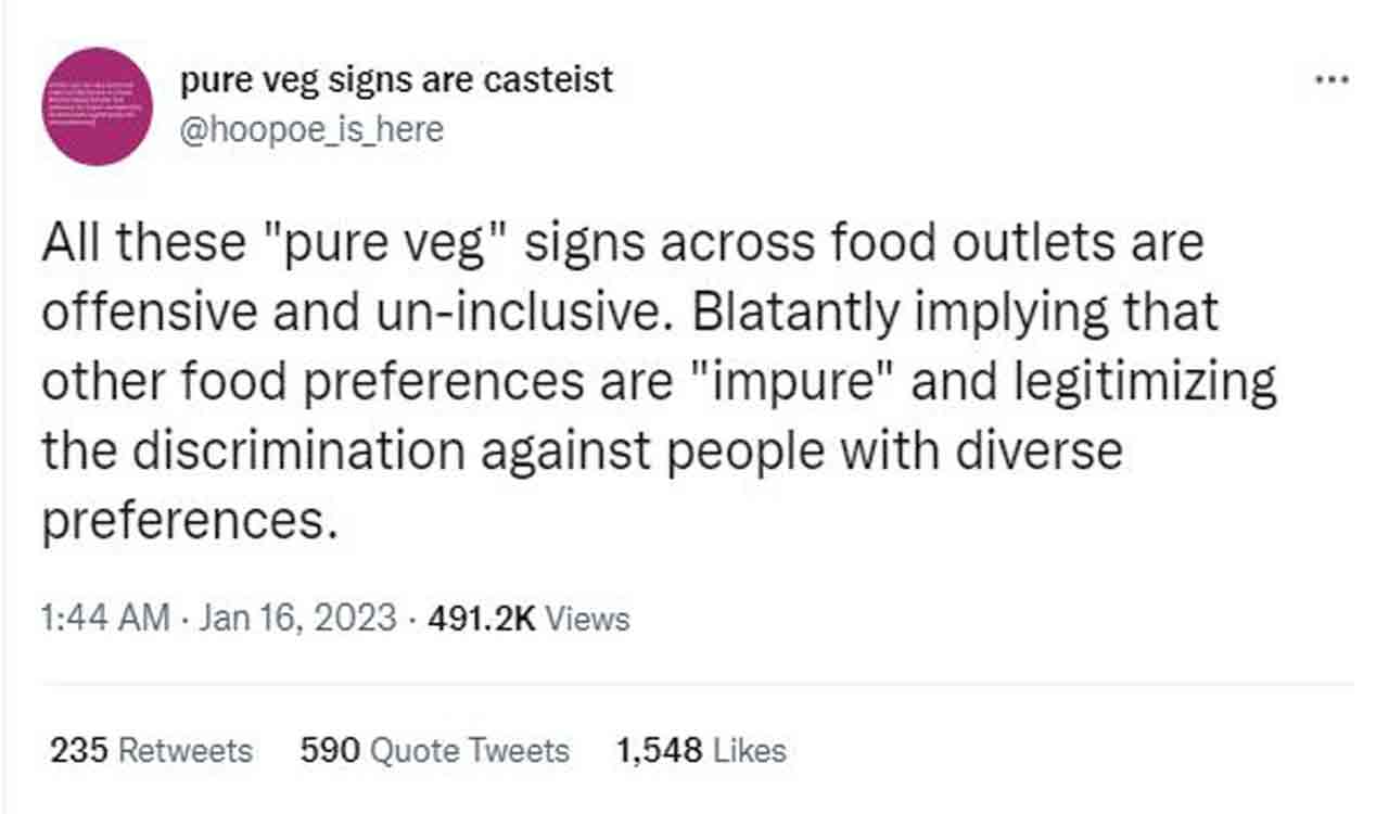 Pure veg signs at food outlets are ‘offensive’: viral tweet sparks debate online