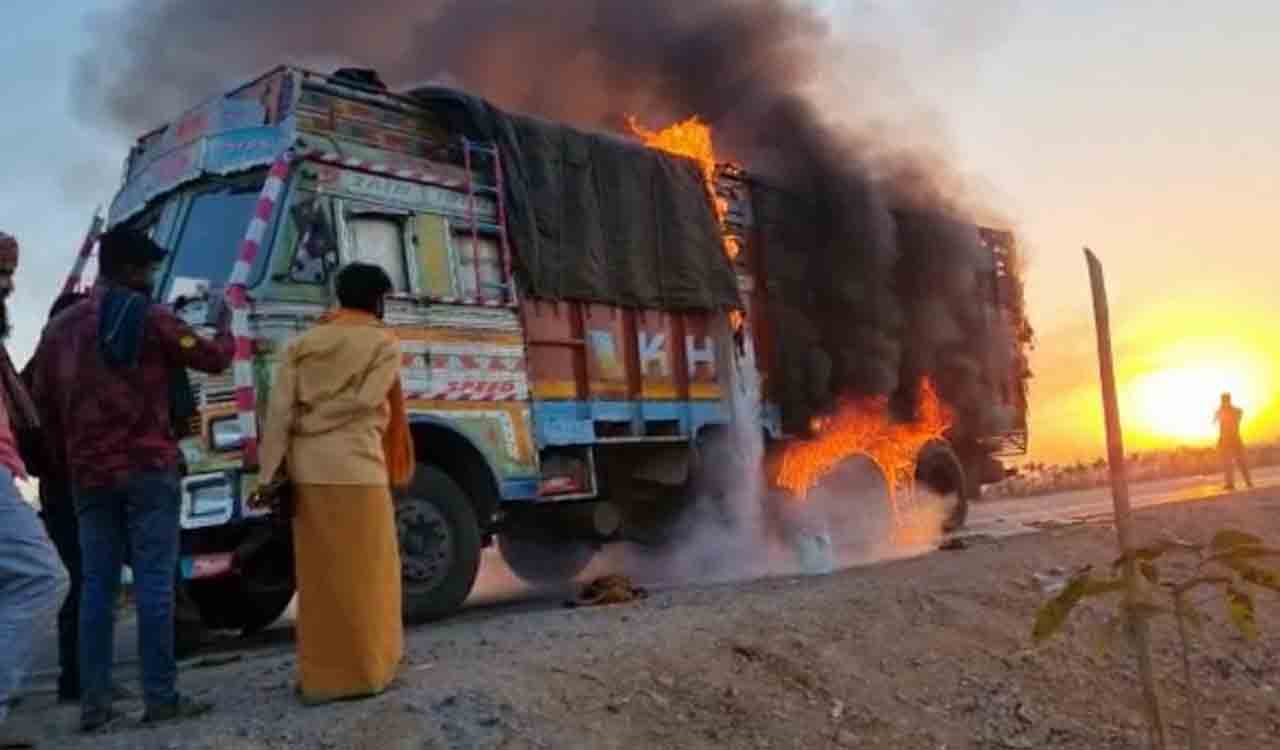 Rice lorry goes up in flames in Sangareddy