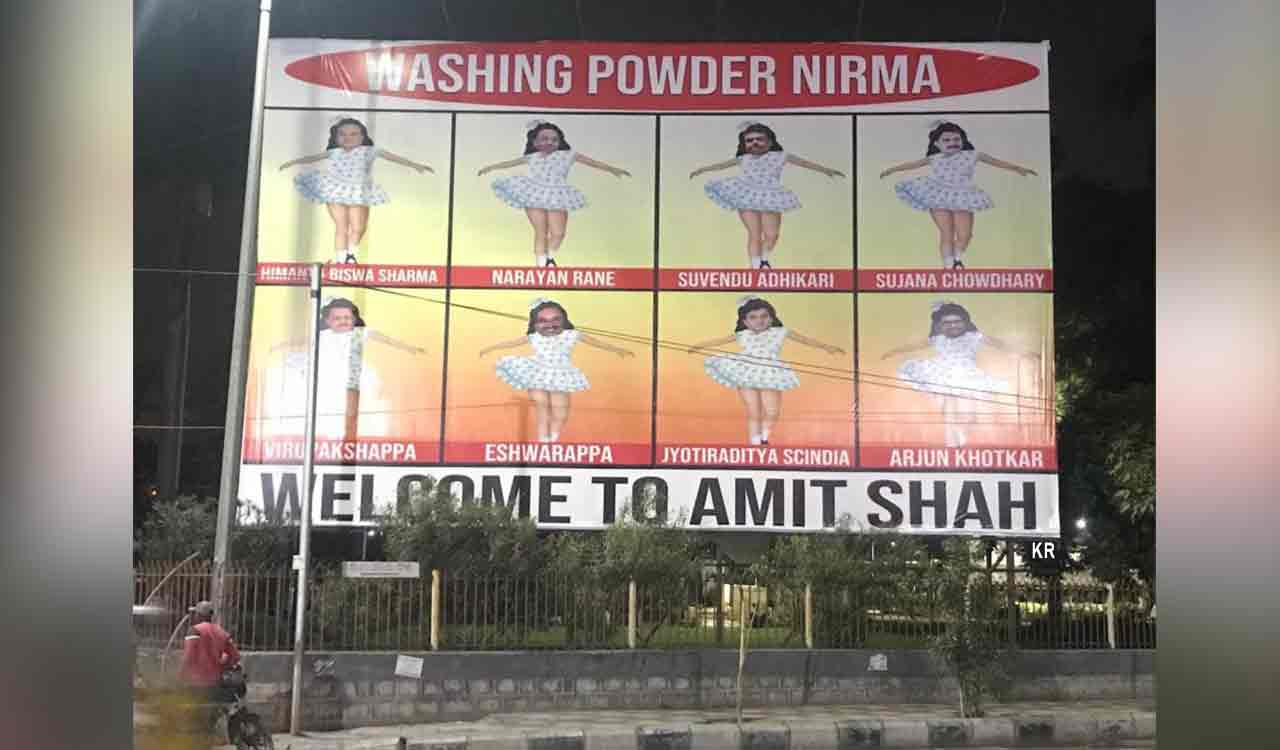 Washing powder posters welcome Amit Shah to Hyderabad