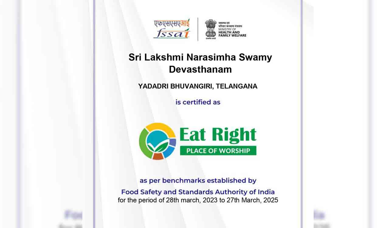 Telangana: Yadadri, Wargal temples get ‘Eat Right Place of Worship’ certifications