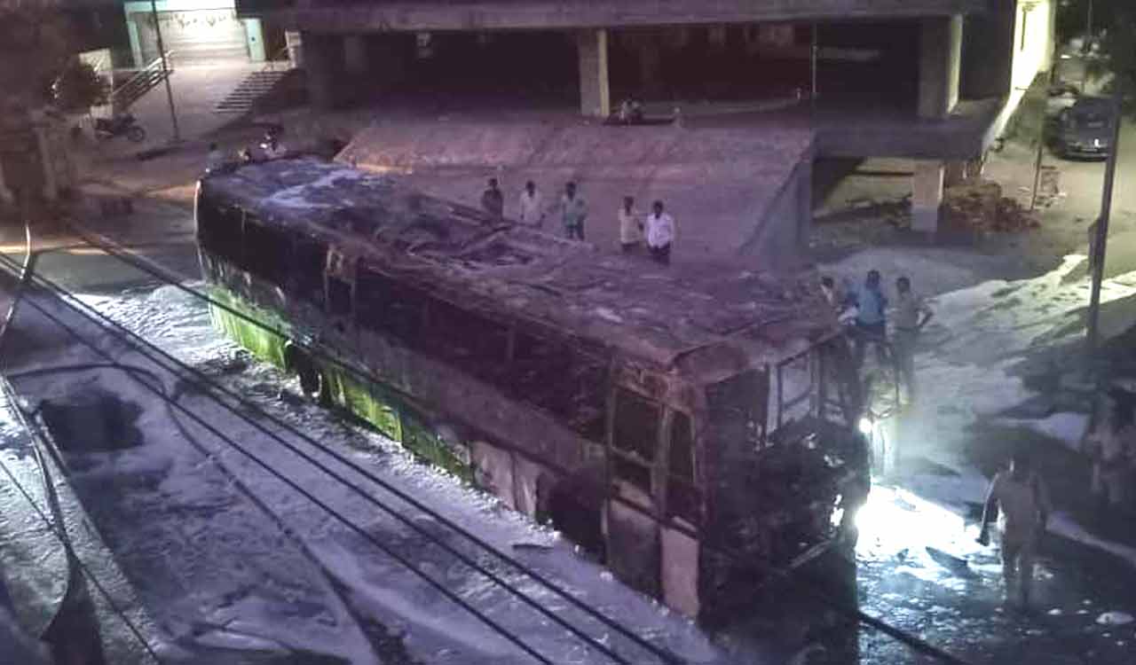 Lucky escape for passengers after RTC bus catches fire in Suryapet ...