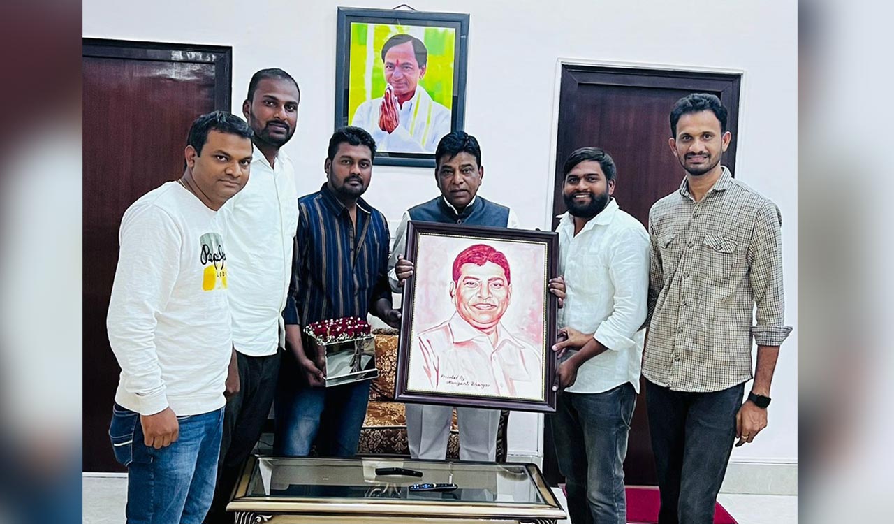 Youth presents portrait made of his blood to MP Nama Nageshwar Rao