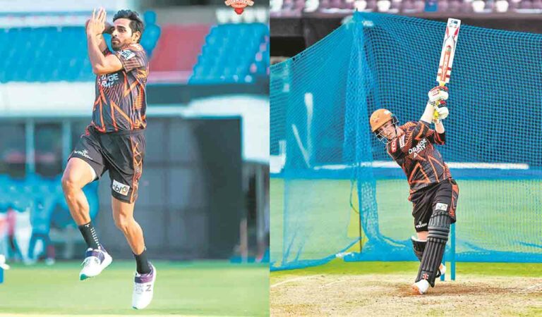 SRH's Bhuvneshwar Kumar and Harry Brook during a training session in Hyderabd.