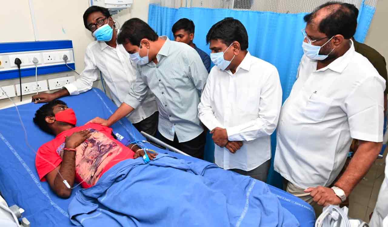 Hyderabad: KTR, Puvvada visit Chimalpad fire accident victims at NIMS
