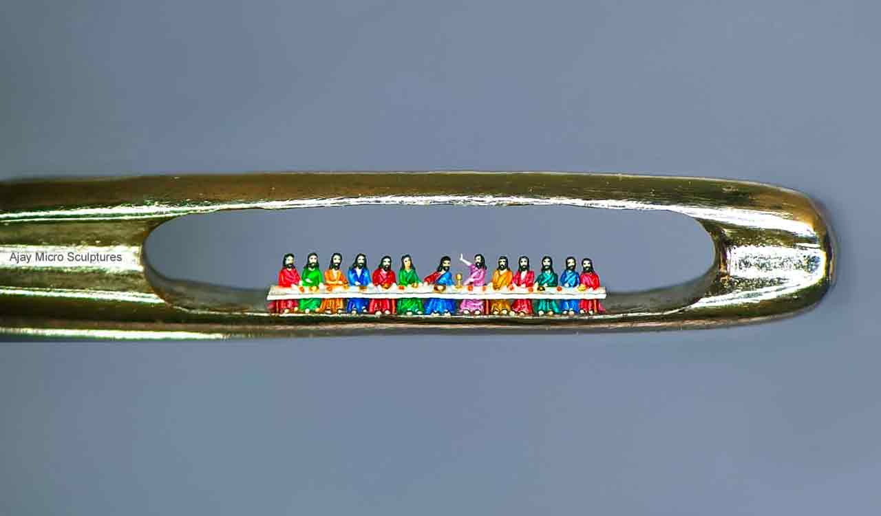 Telangana artist makes micro sculpture of Da Vinci’s ‘Last Supper’ in eye of needle