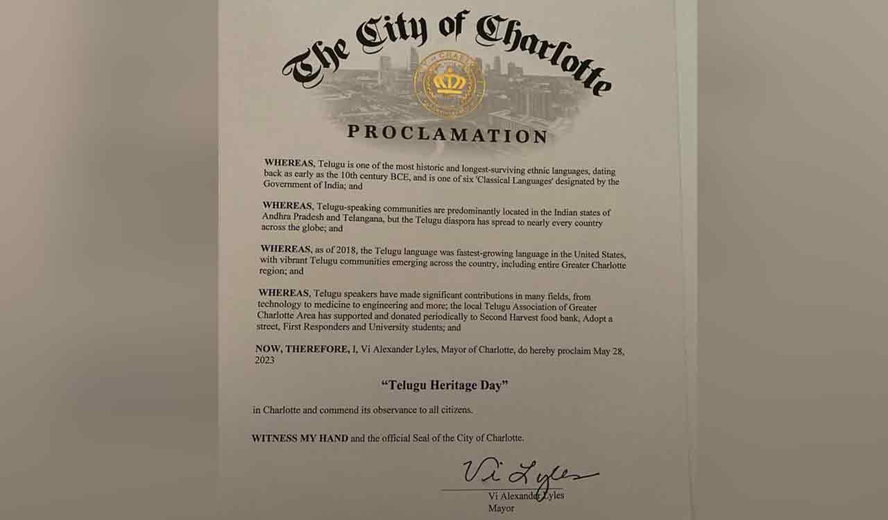The City of Charlotte in US issues proclamation to observe May 28, 2023 as Telugu Heritage Day
