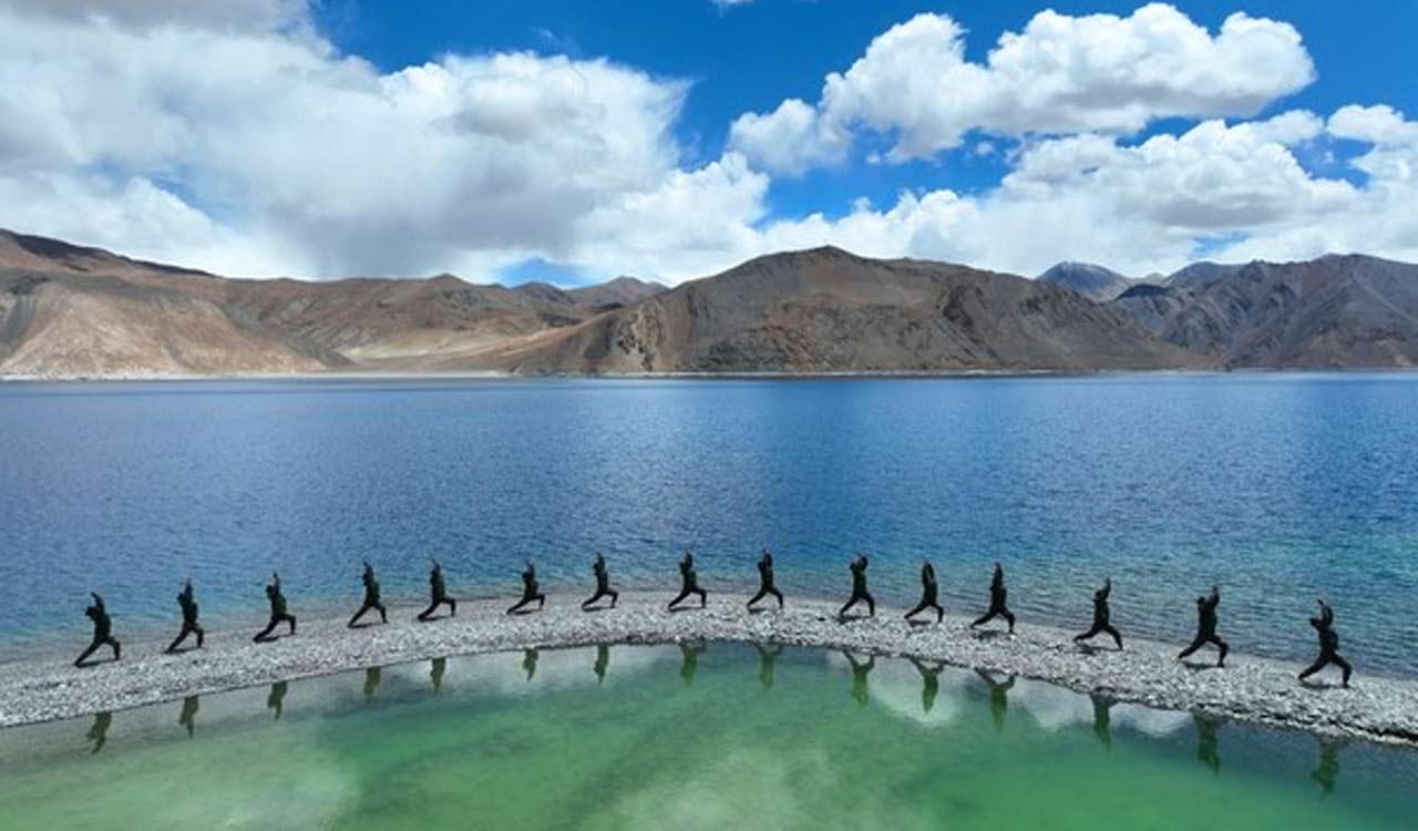 Indian Army personnel perform Yoga at Ladakh’s Pangong Tso Lake