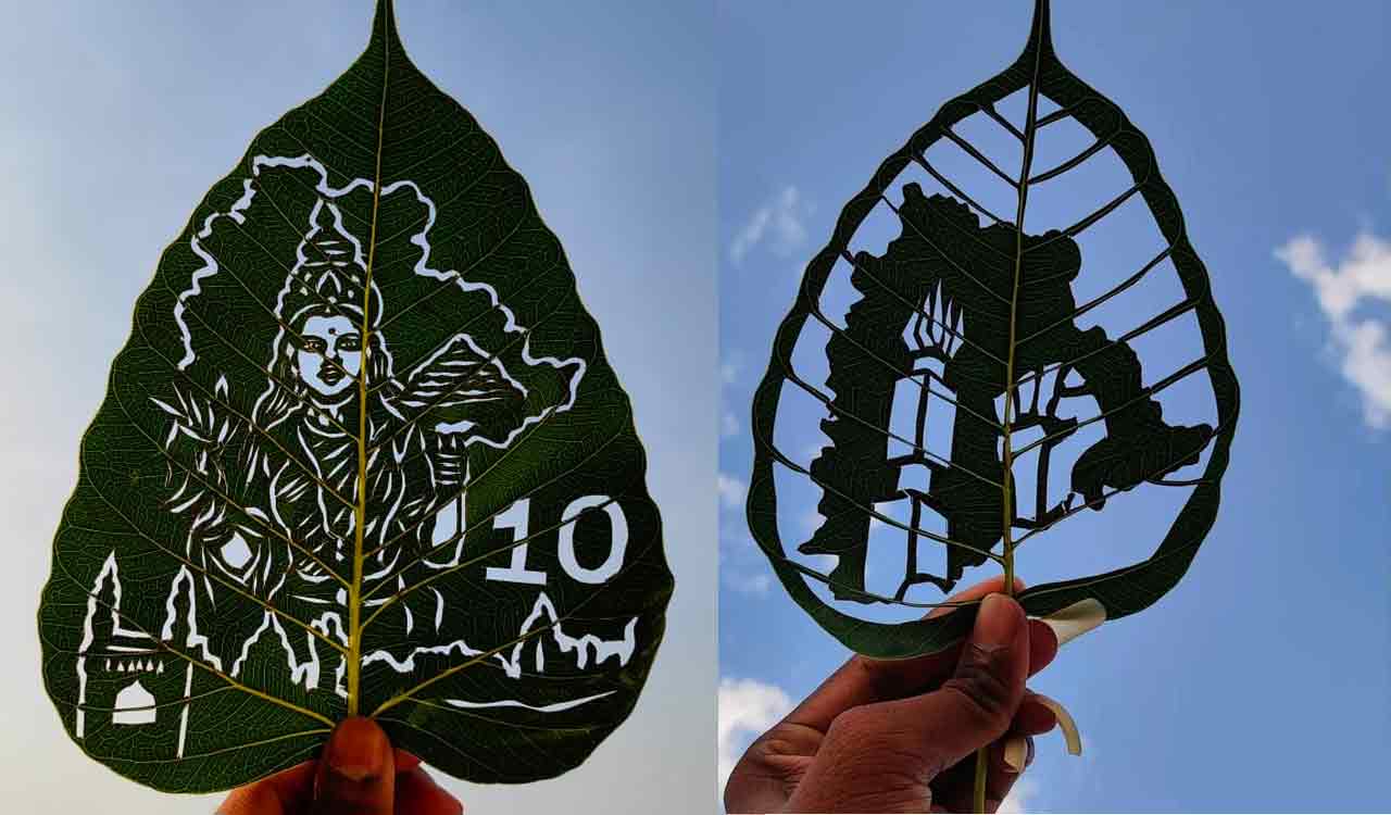 Leaf artist’s special work on eve of Telangana formation day