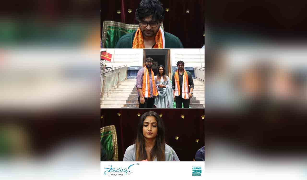 Samajavaragamana team visits Annavaram Satyanarayana Swamy temple during promotions