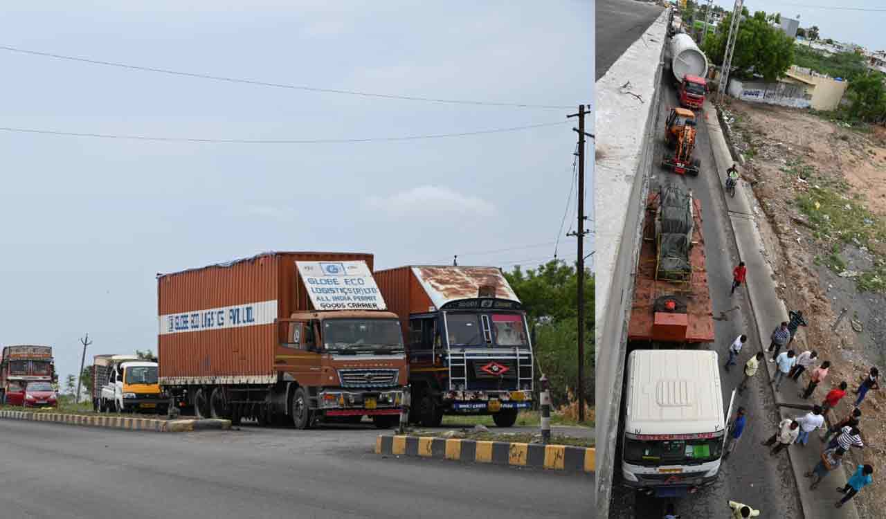 Truck crashes into flyover, traffic held up for 5 km in Nalgonda
