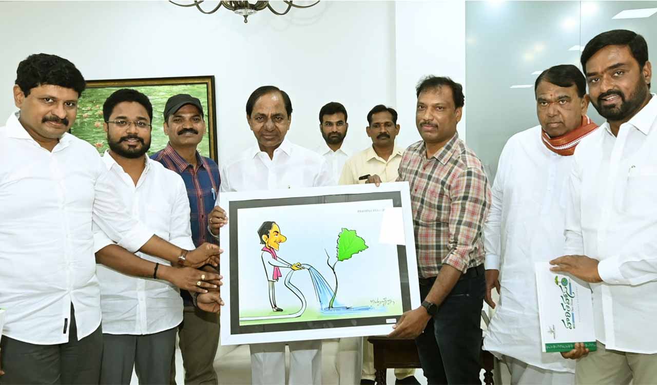 CM KCR releases Harithahasam cartoon collection by Mrityunjaya