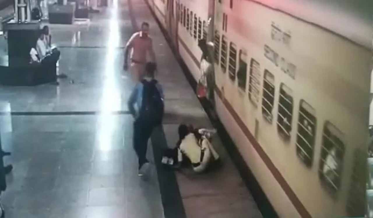 Watch: RPF woman constable saves passenger life from falling under moving train at Warangal Railway Station