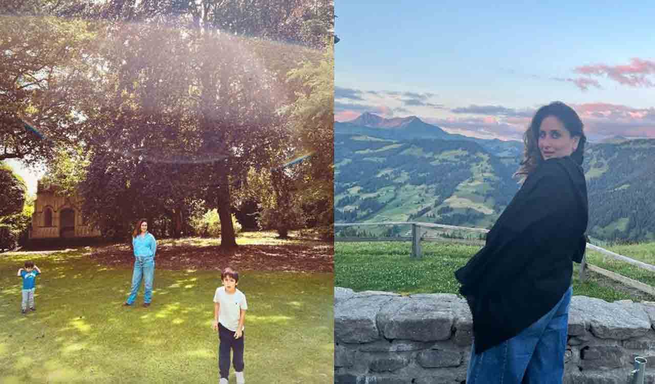 Kareena Kapoor poses with her sons Taimur, Jeh in Europe