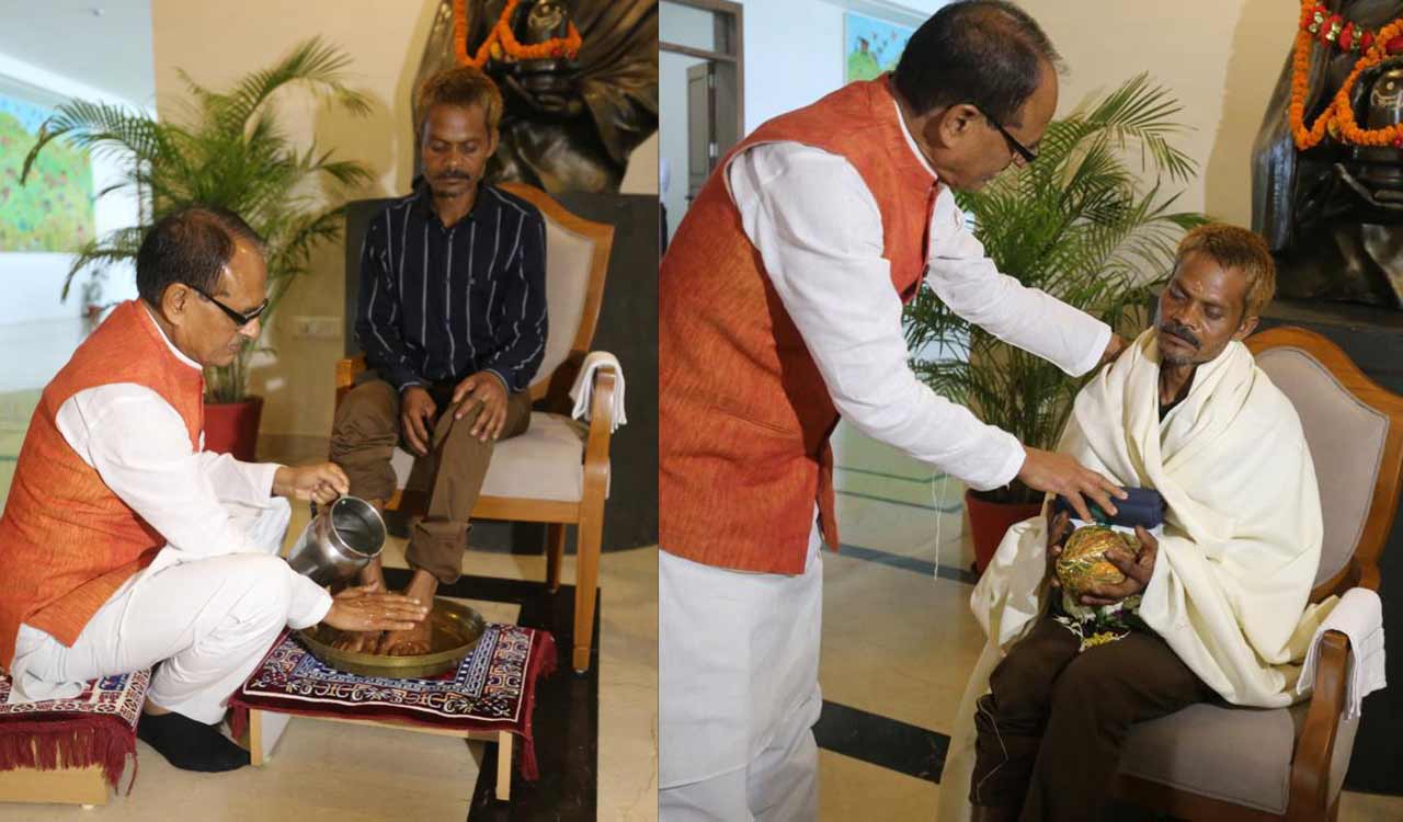 MP CM Chouhan washes feet of urination incident victim, offers apology