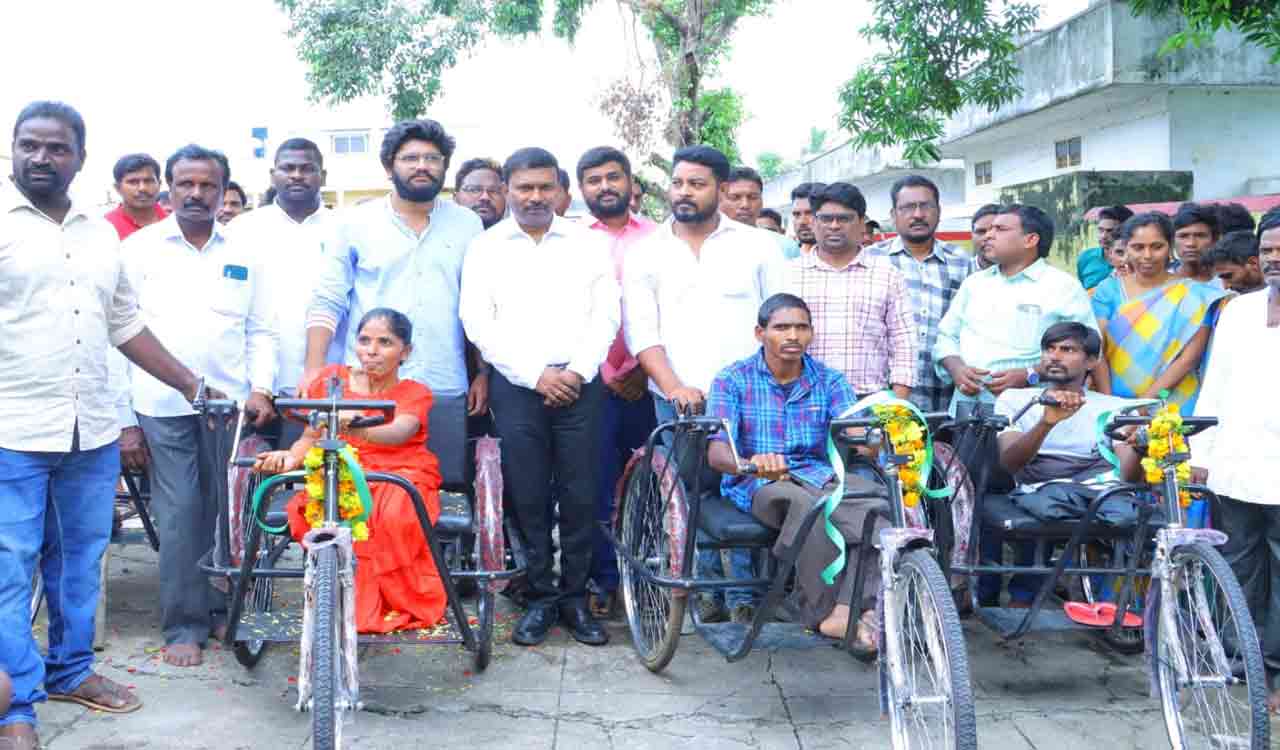 Dr. GSR Trust distributes tricycles to PwDs in Kothagudem