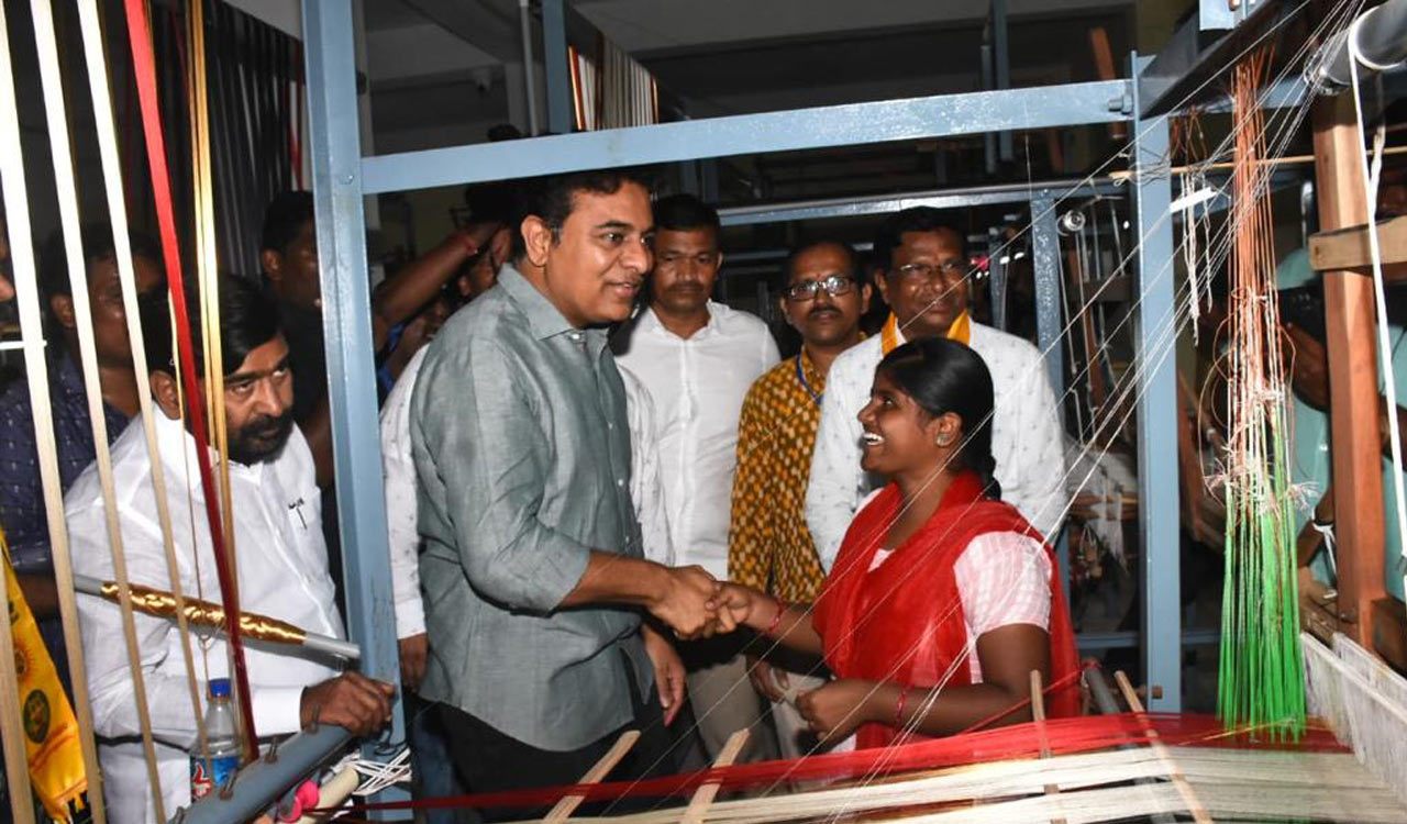 KTR meets weavers at Pochampally handloom park, sanctions Gruha Lakshmi unit to weaver