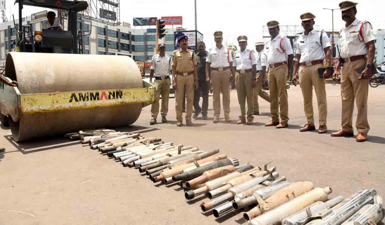 Traffic police destroy loud silencers, warn against modification in Hanamkonda