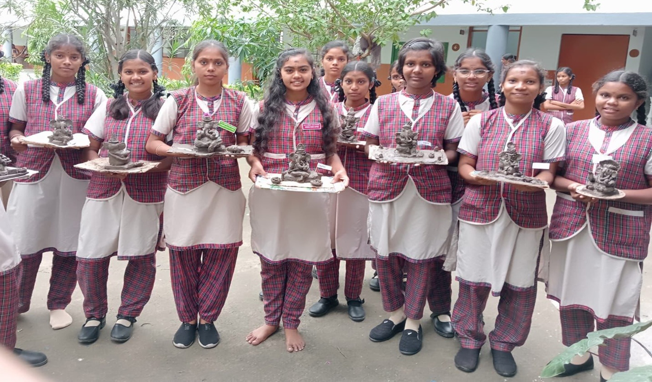 Students mold clay idols in Mancherial