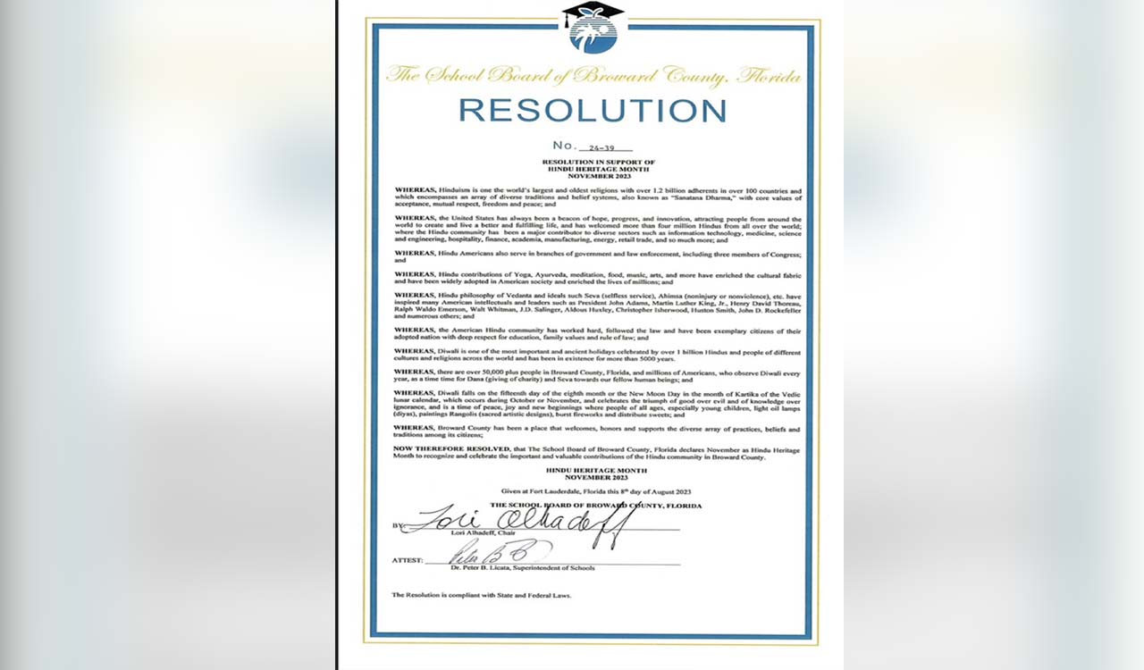 US state of Florida recognises November as Hindu Heritage Month
