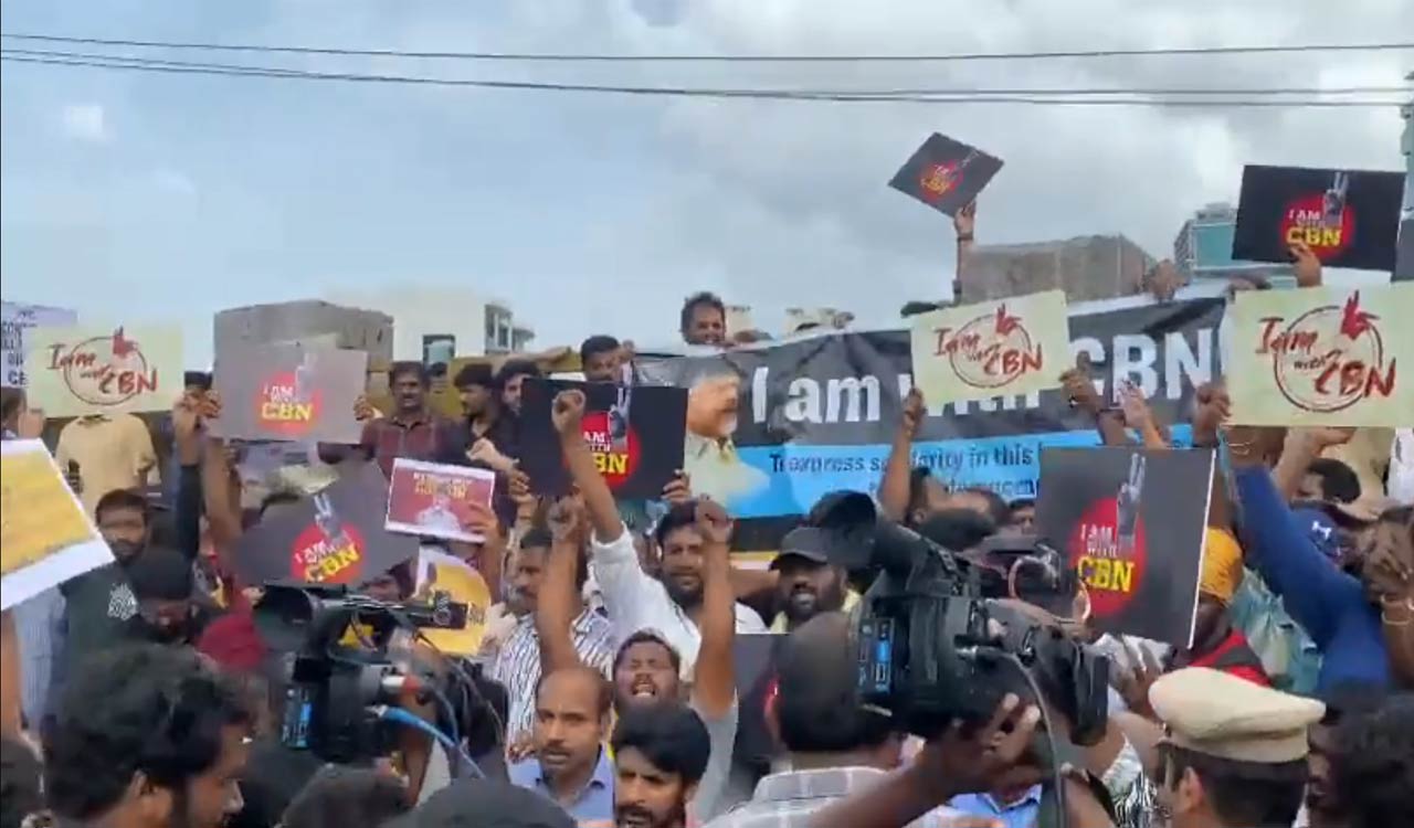 Gachibowli: TDP supporters stage a protest condemning Babu’s arrest