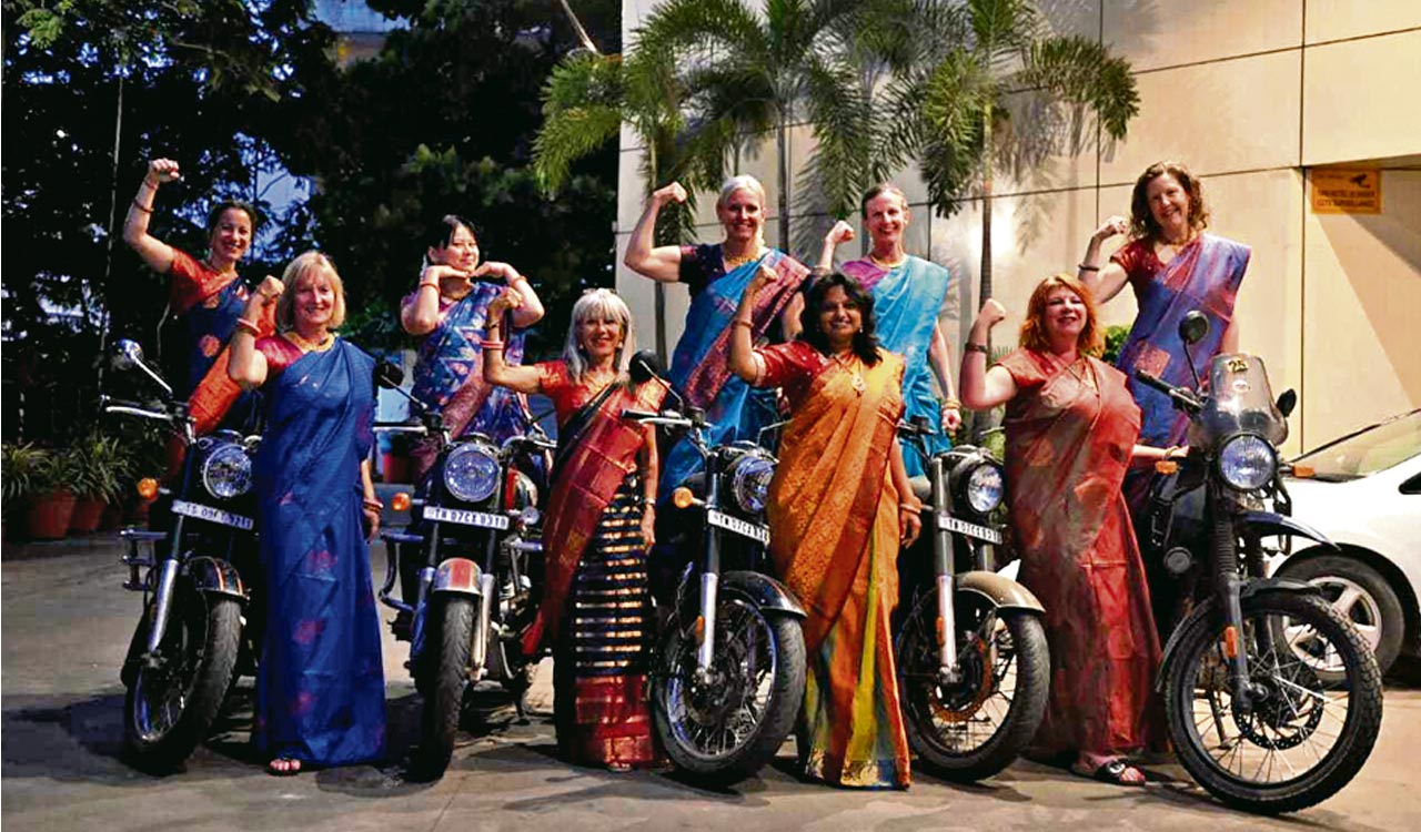 8 foreign female bikers tour Telangana to soak in Bathukamma fervour