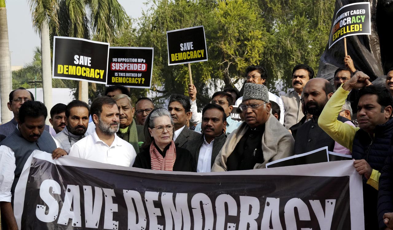 India Bloc Mps Stage Protest In Front Of Gandhi Statue Against Bulk