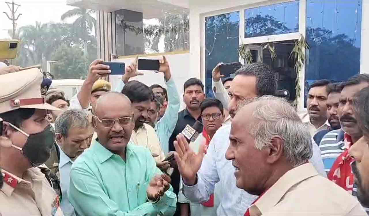 Tension at SCCL head office in Kothagudem as AITUC and CITU leaders stage protest