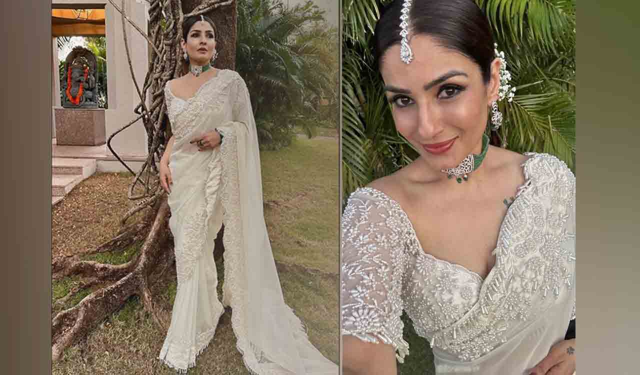 Raveena Tandon is a picture of elegance in white saree for  wedding-Telangana Today