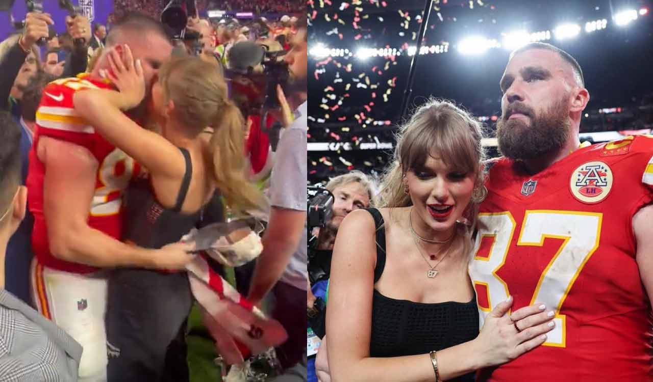 Taylor Swift, Travis Kelce share kiss after chiefs’ Super Bowl win ...