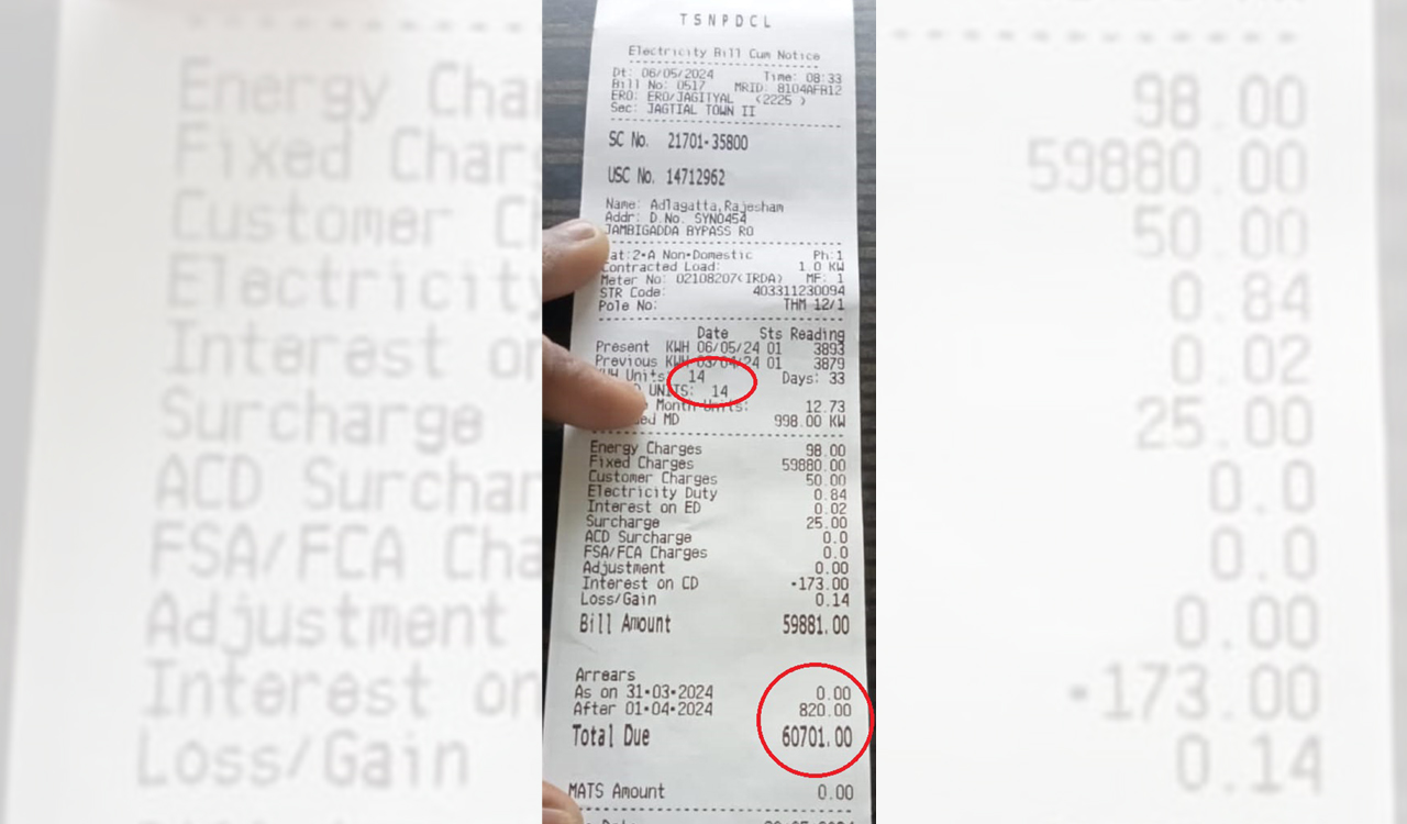 Bizarre: Consumer in Jagtial gets Rs.60,701 power bill for 14 units of electricity