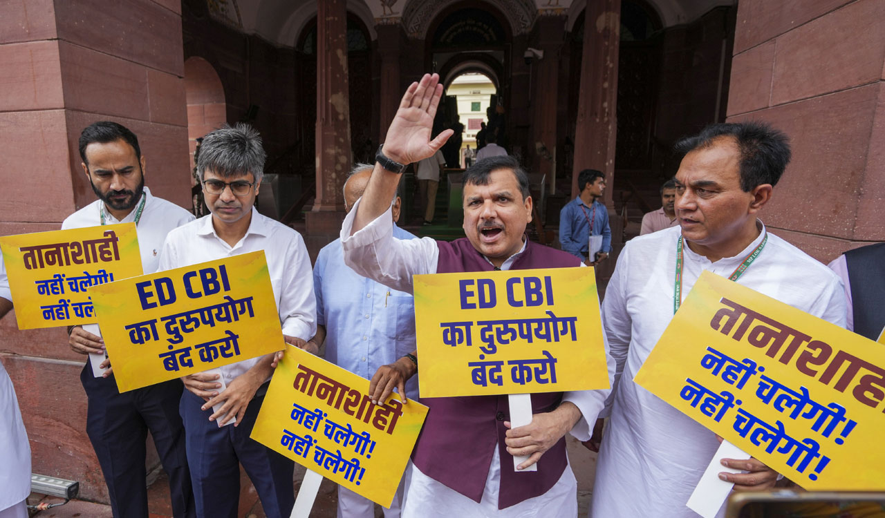 ‘Stop misusing ED and CBI’: AAP MPs protest Kejriwal’s arrest on Parliament premises