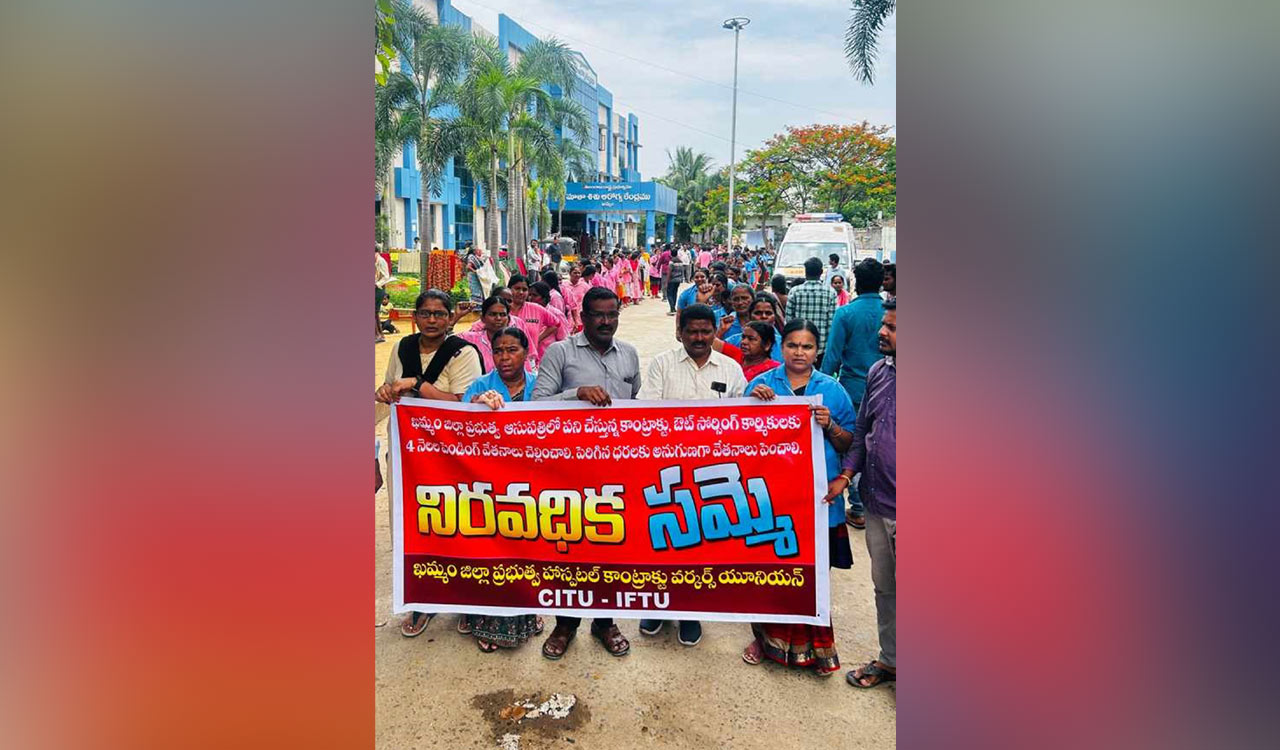 Contract, outsourcing workers at Khammam govt hospital launch indefinite strike