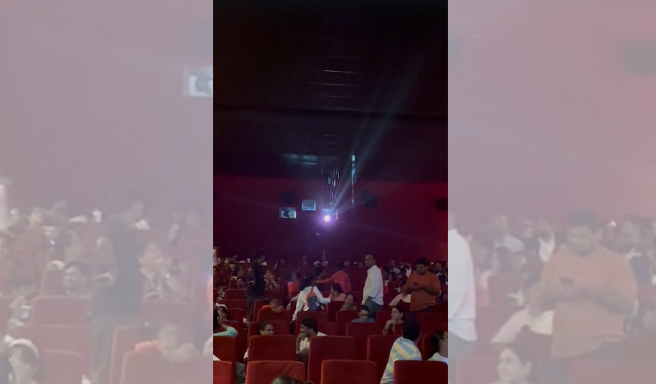 Watch: Water leaks from roof of theatre in Punjagutta as heavy rains lash Hyderabad