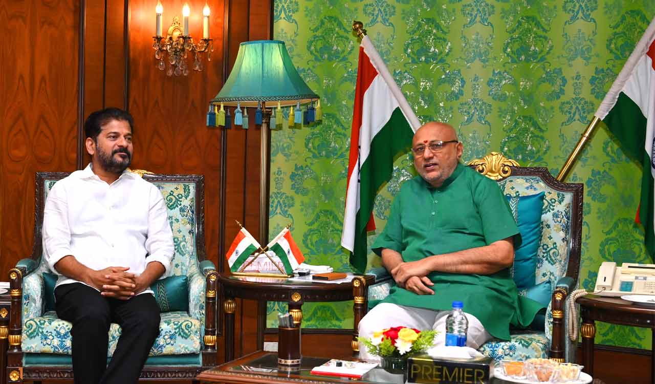 Telangana CM Revanth Reddy meets outgoing Governor CP Radhakrishnan