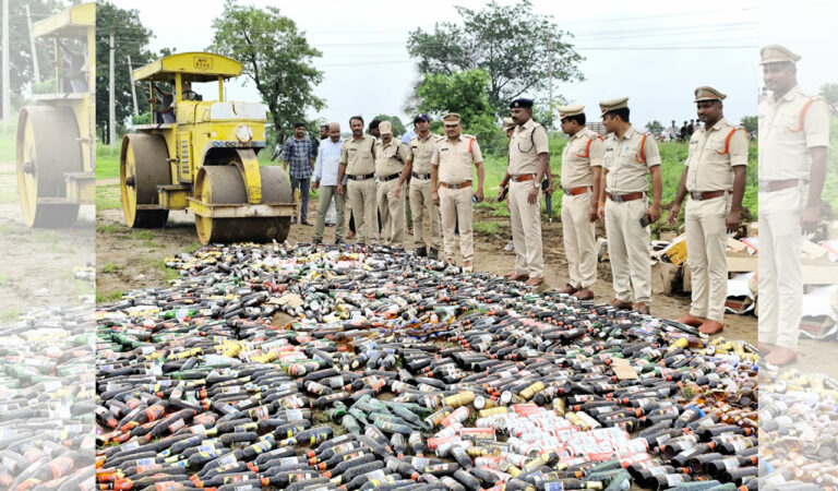 Telangana: Seized liquor destroyed with road roller in Dharmapuri