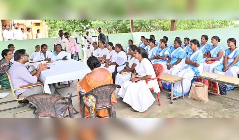 Collector Koya Sree Harsha conducting meeting with ANMS and ASHA workers in Eligedu on Tuesday