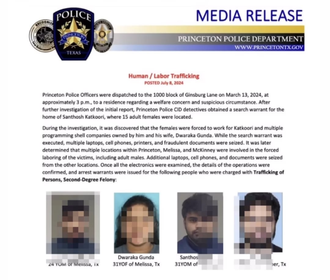 Princeton police on the look out for four Telugus accused of labour trafficking in Texas