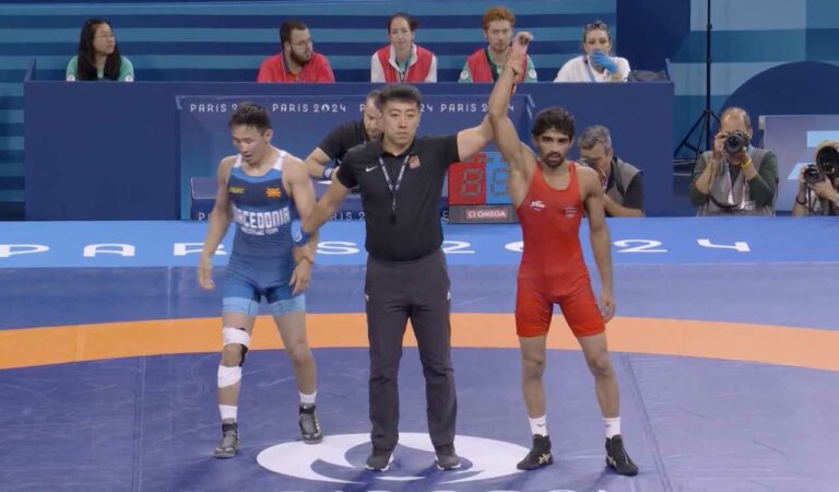 Aman won his opening bout on technical superiority (10-0) with two minutes to go in the second period to secure his quarter-finals berth