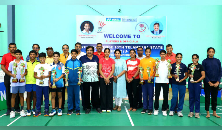 Medal winners of the badminton tournament in Hyderabad on Sunday.