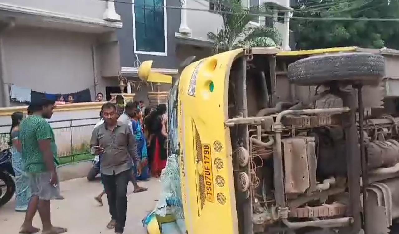Watch: Nine students injured as school bus overturns in Hyderabad