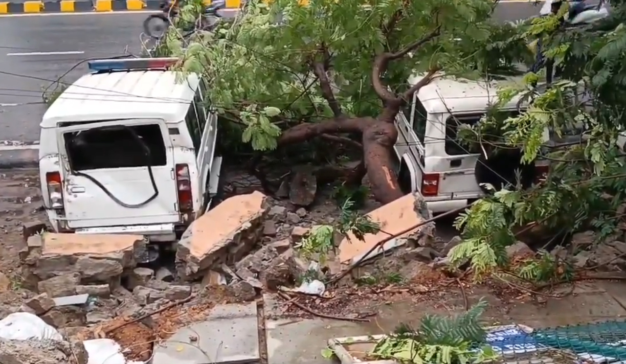 Watch: Boundary wall of LB Stadium collapses due to heavy rains in Hyderabad