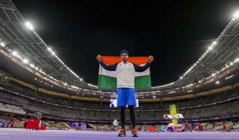 Paris: Indias Neeraj Chopra celebrates after winning the silver medal in the mens javelin throw athletics event at the 2024 Summer Olympics, in Paris, France. Photo: PTI
