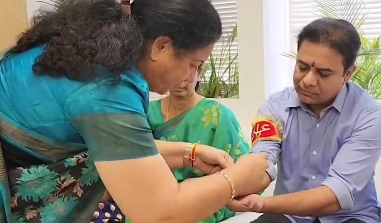 Telangana Women’s Commission members tie rakhi to KTR, get notice!