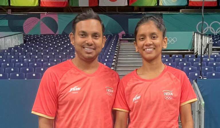 Coach Somnath Ghosh and Sreeja Akula during the Paris Olympics.
