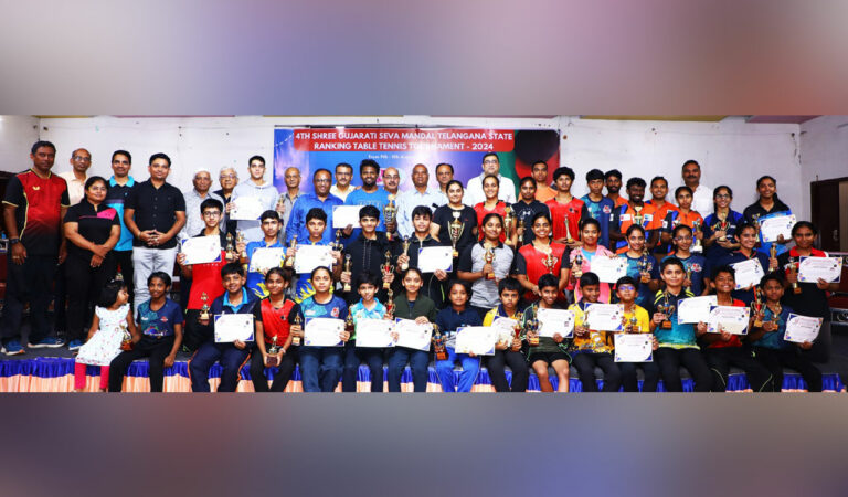 Medal winners of the Table Tennis championship in Hyderabad on Sunday.