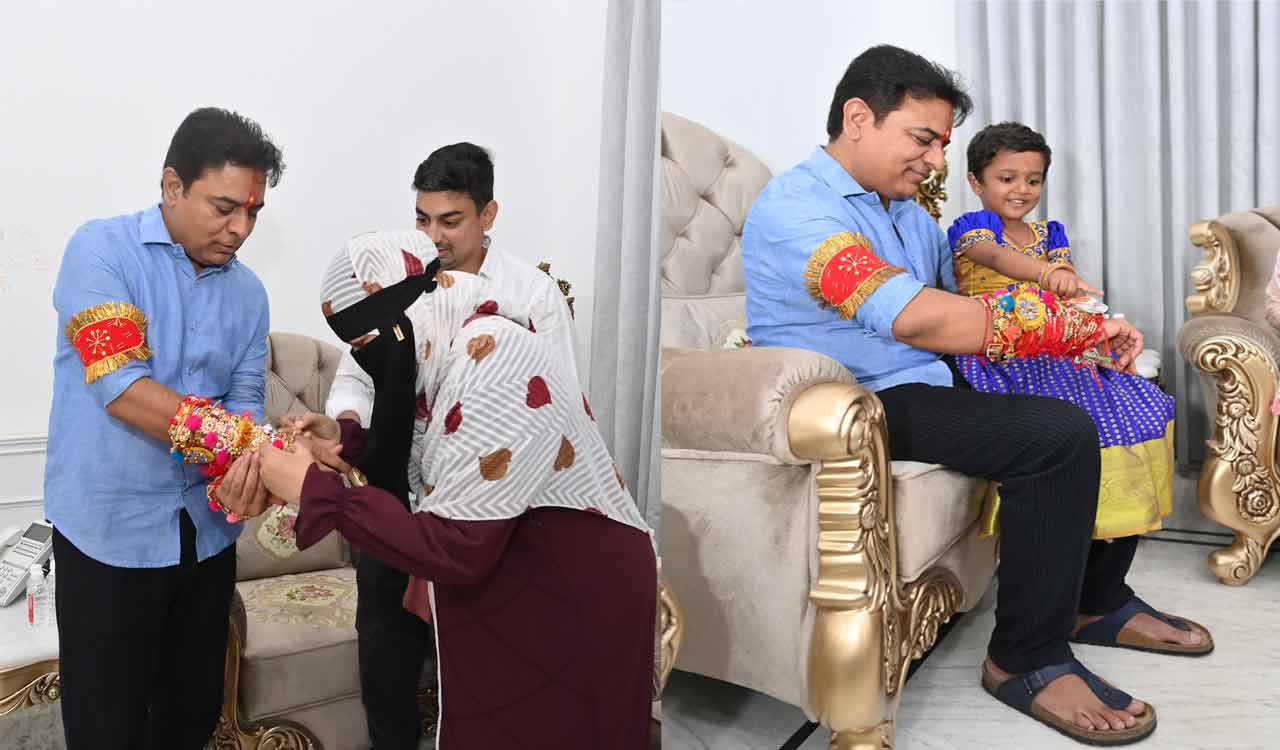 Hyderabad: Women who received assistance from KTR celebrate Rakhi with him
