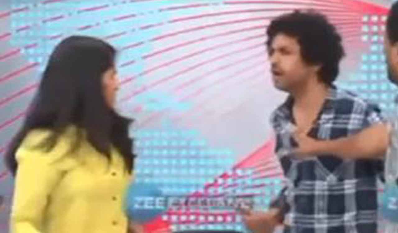 Raj Tarun’s alleged ex-girlfriend flings footwear at RJ Shekar Basha on live TV