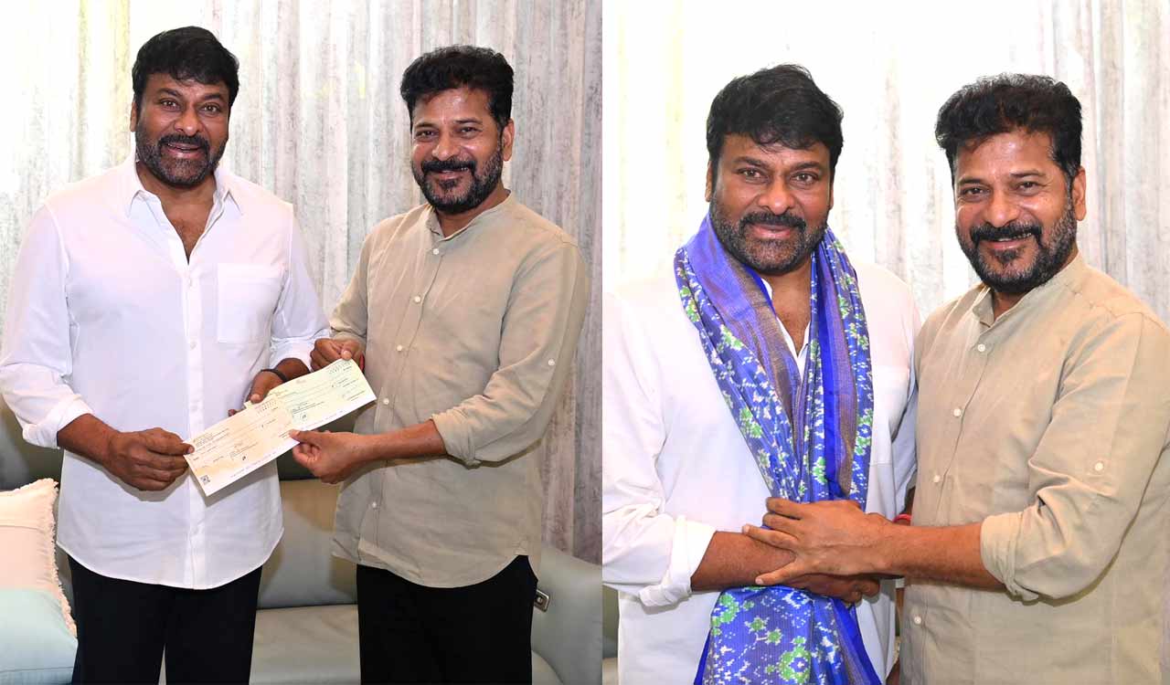 Actor Chiranjeevi meets Telangana CM, hands over cheques for flood relief