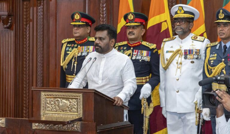 Commanders of the security forces stand behind as Sri Lankas new president Anura Kumara Dissanayake, addresses a gathering after he was sworn in at the Sri Lankan Presidents Office in Colombo, Sri Lanka, Monday