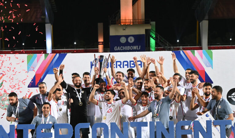 Syrian players lift the Intercontinental Cup at the GMC Balayogi Athletic Stadium in Hyderabad on Monday. —Photo: Surya Sridhar
